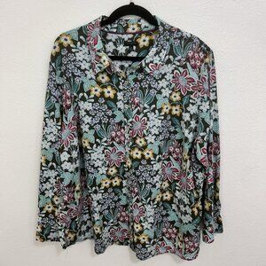 Talbots Floral Top Blouse Short Button Up Long Sleeve Top Garden Bloomcore Sz 3X